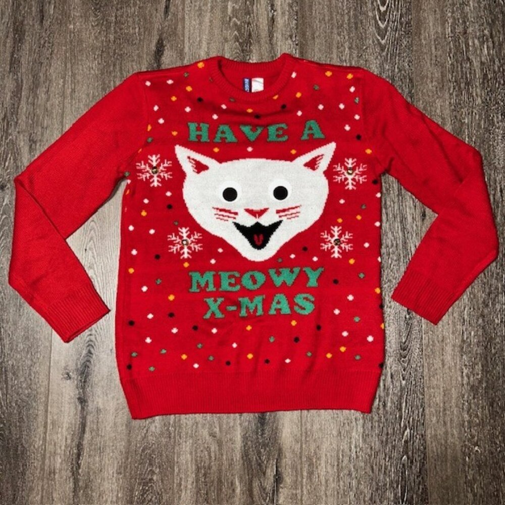 Divided by H & M Men's Christmas Ugly Sweater Have a Meowy Xmas Cat Face Small